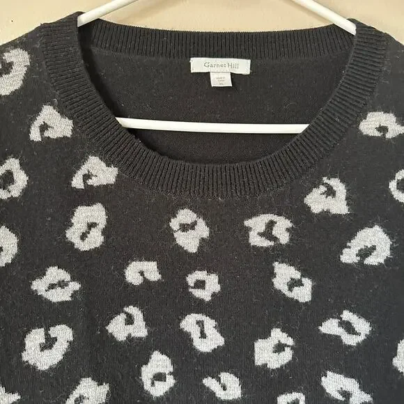 Garnet Hill Sweater Womens Extra Large Black Gray Leopard Print Wool Crewneck - Picture 2 of 8